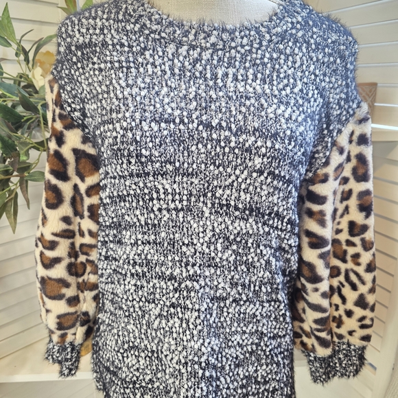 POL Sweaters - POL Black and White Textured Sweater with Leopard Sleeves